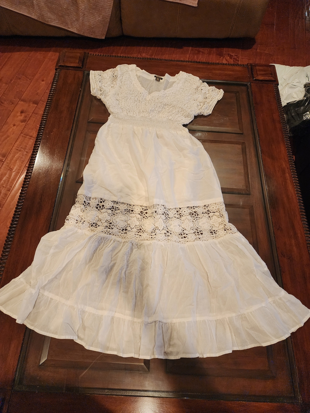 Bohemian White Crochet Midi Dress with Ruffled Hem